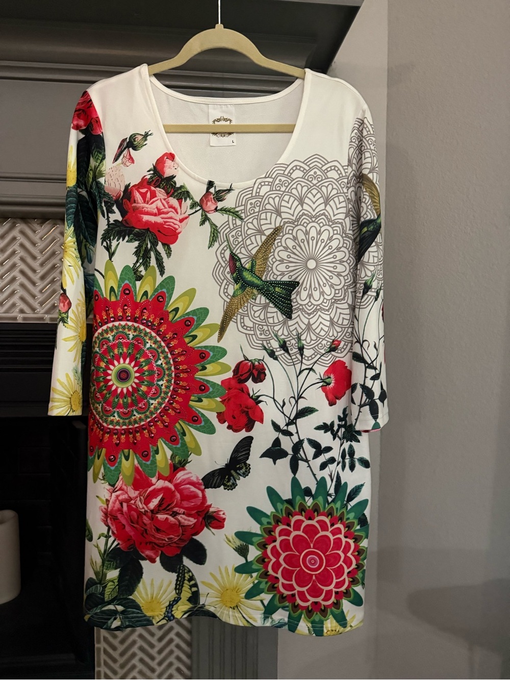 Floral Medallion Print Women’s Dress - White with Red & Green